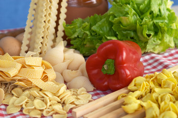 pasta, vegetables, egg