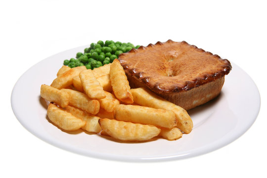 pie, chips and peas