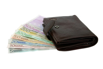 purse and euro banknotes from five up to five hundred
