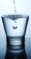 glas of pouring water with reflection