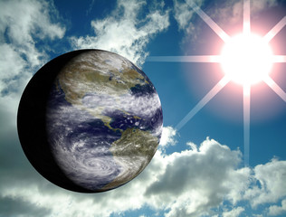 3d earth with sun and sky on the background