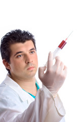 lab technician holding a syringe (clipping path in