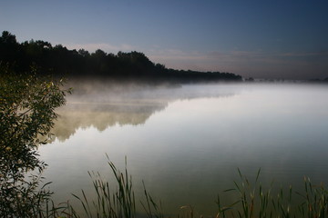 foggy morning over lake