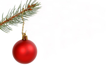 round red christmas ornament hanging from evergreen branch