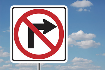 no right turn sign with clouds