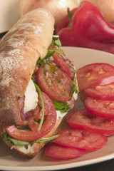 hero sandwich with tomato, cheese and prosciutto