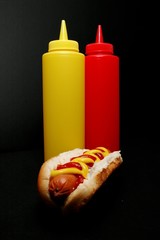hot dog with ketchup and mustard bottles - 1479659