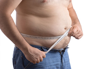 fat man holding a measurement tape