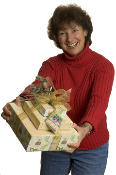 happy woman with gifts stack