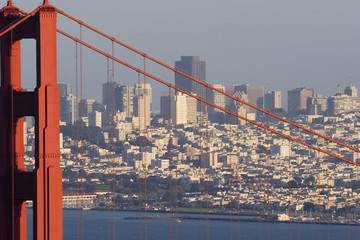 Golden Gate Bridge over San Francisco city buildings