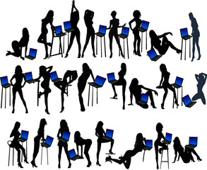 girls and laptop computer -  illustration