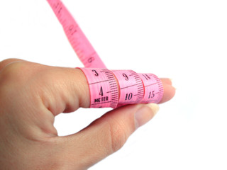 hand with pink tape measure against white background