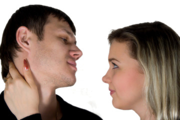 enamoured man and the woman. the isolated portrait on a white ba