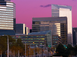 city buildings at dusk