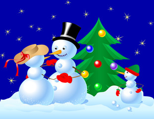 snowman family celebrating christmas