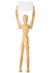 a mannequin holding up a blank card