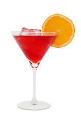 red cocktail with a slice of orange and icecubes