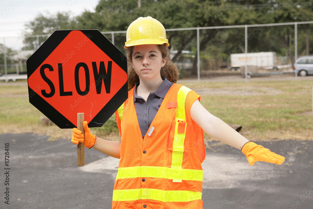 Wall mural construction slow sign