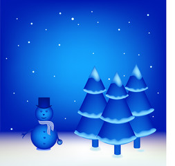 Fototapeta na wymiar blue snowman and christmas trees