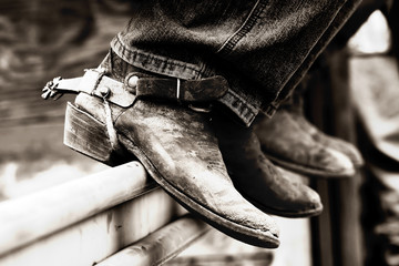 row of rodeo boots & spurs - obrazy, fototapety, plakaty