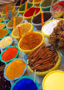 spices and dyes on an arabian market stall