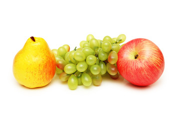 pear, apple and grapes isolated on white