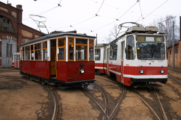Fototapeta na wymiar vintage trams in depot
