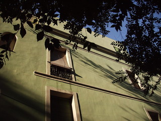 olive green building in shadow
