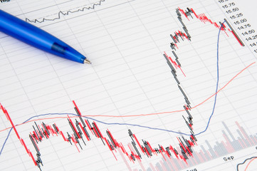 pen showing diagram on financial report/magazine