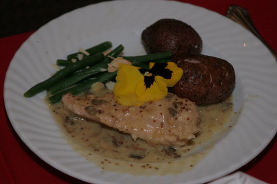 food plate chicken potato bean white flower yellow