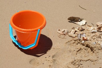 Fototapeta na wymiar bucket on beach with shells