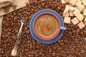 coffee beans and cup with coffee