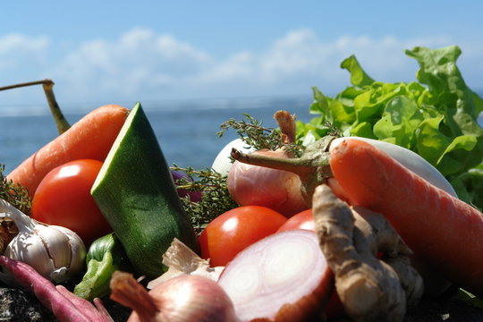legumes au bord d'un lagon