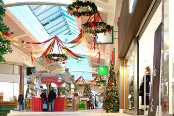 seasonally decorated shopping mall