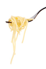 rolled spaghetti on a fork