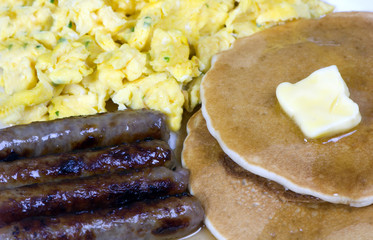 pancakes, eggs and sausage 1