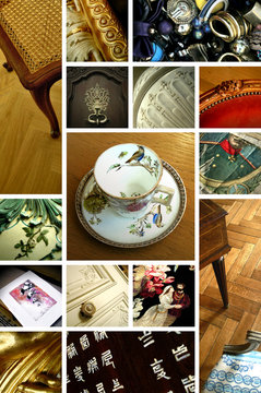 Mosa&iuml;que d'images sur le th&egrave;me de la brocante et des antiquit&eacute;s