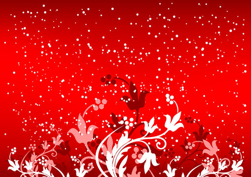 abstract winterbackground with flakes and flowers in red color