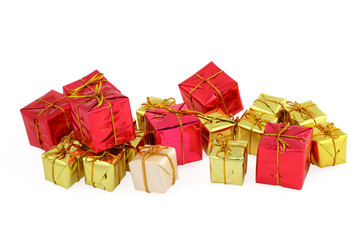 group of various christmas gifts on white