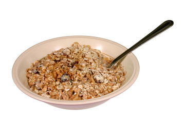 muesli breakfast bowl with the spoon in ready to e