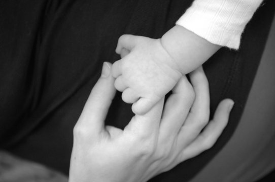 adult hand holding baby's hand