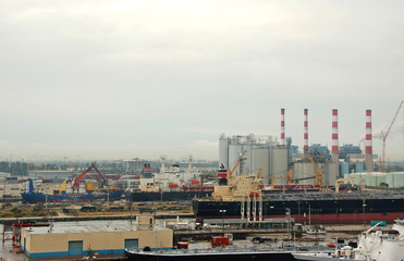 general view of industrial port and refinery