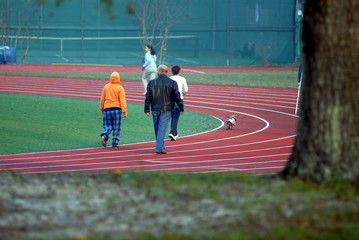 people walking on track in fog