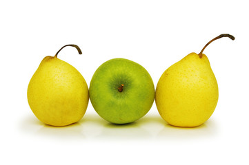 two yellow pears and green apple isolated on white