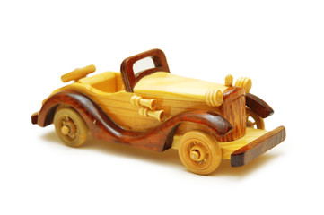 wooden model of retro car isolated on white
