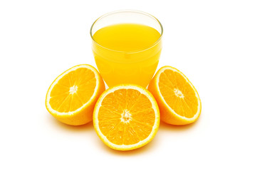 orange juice and half-cut oranges isolated on whit