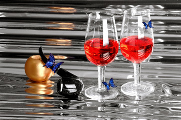 red wine and blue butterflys