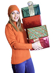 young lady with four gifts (christmas or birthday)