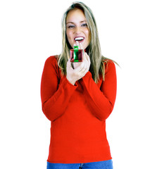 young lady with christmas valentines birthday gift