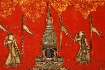 myanmar, inle lake: shwe yan pyay monastery, decoration on a wal